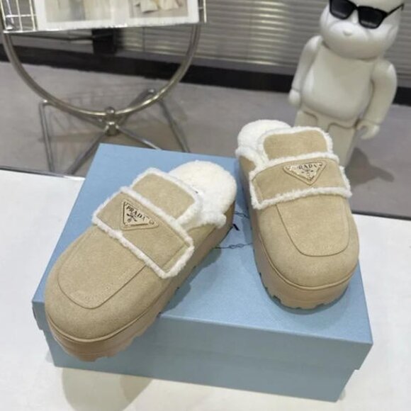 Prada Beige Suede Shearling Mules - Picture 7 of 8